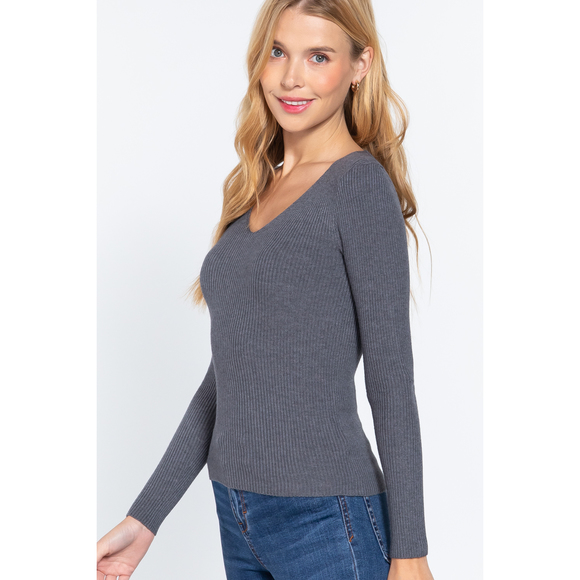 V-neck Viscose Rib Sweater - Picture 3 of 7